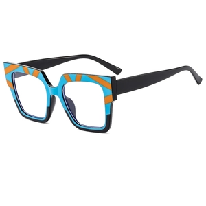 Blue and orange striped square frame blue light blocking glasses shown from a 45-degree angle