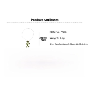 Handmade green knitted frog pendant necklace with detailed size and weight specs