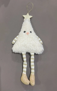 Detail of white plush Christmas tree doll with golden star and striped long legs