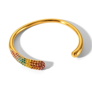 Gold plated open cuff bracelet with colorful rainbow zirconia inlay and polished finish