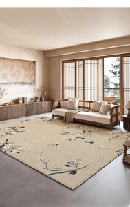 Detail of modern Chinese area rug with plum blossom pattern on a beige textured background