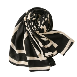 Elegant black and beige geometric stripe long scarf for women, modern minimalist pashmina