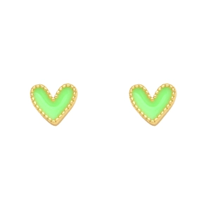 Detailed close-up of 18K gold heart earrings with vibrant green enamel and beaded edges