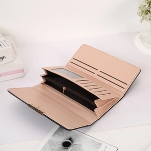 Detail view of pink long wallet with multiple card slots and a metal zipper pocket
