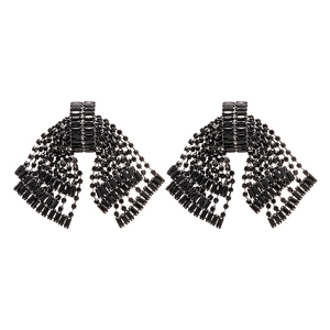 Elegant black rhinestone bow earrings with long tassel fringe and sparkling crystals