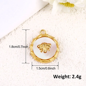 Gold plated bee pendant with white shell inlay and detailed dimensions for DIY necklaces