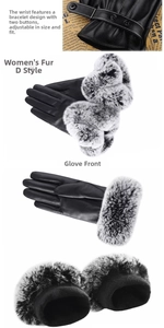 Close-up of black leather winter gloves with plush faux fur cuffs and adjustable buckles
