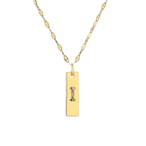 Detailed view of gold plated necklace with colorful gemstone letter I rectangular pendant