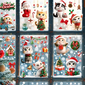 Christmas snowman and cartoon cat static glass window stickers with festive snowflake patterns