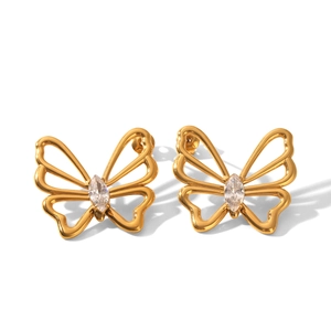 Elegant 18k gold butterfly stud earrings with marquise-cut zircon in stainless steel
