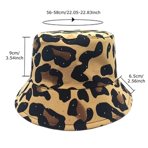 Fashion leopard print bucket hat with rhinestone accents and size specifications