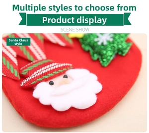 Close-up of Santa Claus felt gift bag with sequin Christmas tree and fine stitching