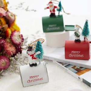 Festive Christmas mailbox hanging ornaments set in red, green, and white metal and resin