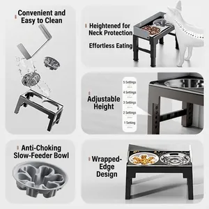 Adjustable raised dog feeder with stainless steel bowl and slow feeder for large pets