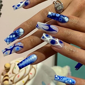 Blue White Abstract Flame Press On Nails Long Coffin Shape Glossy French Style False Nails For Women Manicure Art