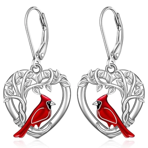 Enamel Cardinal Bird Heart Leverback Earrings Vintage Copper Tree Branch Dangle Jewelry For Women