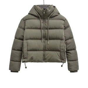 Women's short hooded puffer jacket in dark green with horizontal quilting and zipper
