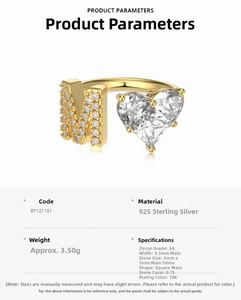Detail view of 925 sterling silver ring with letter M and heart zircon stone parameters