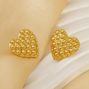 Elegant gold heart earrings with vintage 3D bubble texture and polished metallic finish