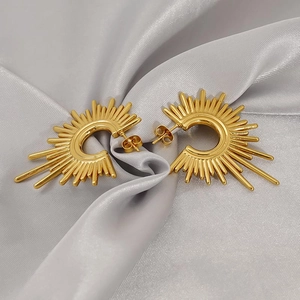 Vintage Sunburst Hoop Earrings Women Stainless Steel With 18K Gold Plated Minimalist Geometric Spiky Ray Trendy Jewelry