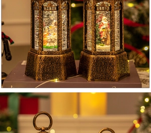 Close-up of vintage bronze Christmas lanterns with warm LED lights and nativity scenes