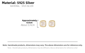 Detail showing 4mm S925 sterling silver square stud earrings with transparent cubic zirconia