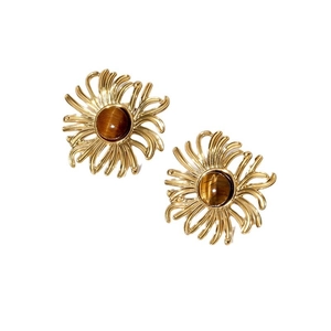 18K gold plated stainless steel sunflower earrings with round brown tiger eye stone