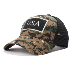 Detail view of digital camo baseball cap with USA embroidery and black mesh back