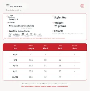 Detailed size chart for women's yoga bra with measurements in centimeters and fabric info