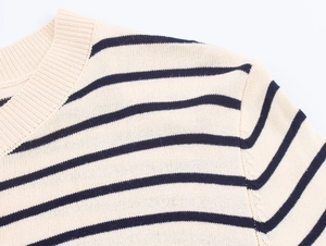 Détail de l'encolure ronde et de la maille du cardigan rayé de couleur beige