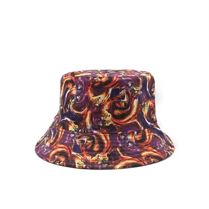 Double-sided bucket hat with abstract purple and orange marble print for outdoor sun protection