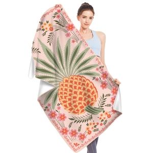 Quick-dry microfiber beach towel featuring a large artistic pineapple and floral border