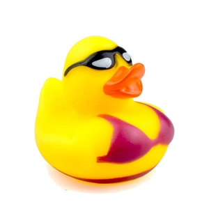 Squeaky yellow rubber duck toy wearing black sunglasses and a pink bikini pattern