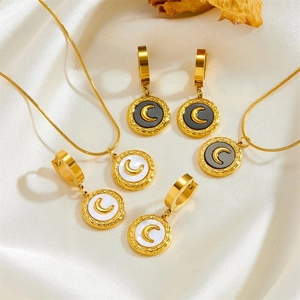 Round Crescent Moon Pendant Necklace And Hoop Earrings Stainless Steel Shell Inlay Fashion Jewelry For Women Elegant