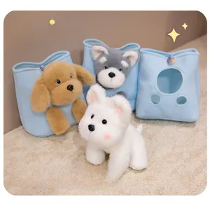 Plush puppy toys set with blue peek-a-boo storage bags featuring heart-shaped clips