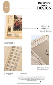 Detail of wooden picture frame featuring natural rattan weave and metal wall hooks