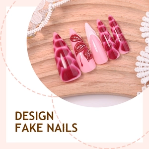 Long almond press-on nails with 3D floral relief and burgundy marble texture art