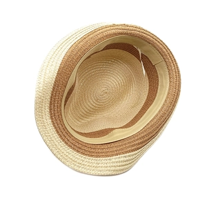 Two-tone woven straw jazz hat in beige and brown fibers for outdoor beach travel