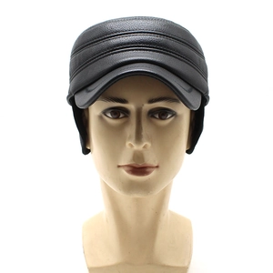 Men's winter flat top faux leather cap with ear flaps and warm lining in black