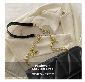 Detail of the black quilted crossbody bag with spliced leather and gold chain strap