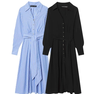 Women Long Sleeve Shirt Dress Elegant Lapel Collar Button Down Polyester Maxi Dress With Waist Belt Striped Casual Office