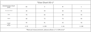 Size chart for crepe sleeveless mini dress including bust, waist, and length in CM