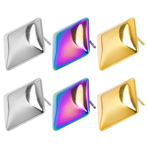 Three pairs of geometric diamond earrings in silver, gold, and rainbow stainless steel