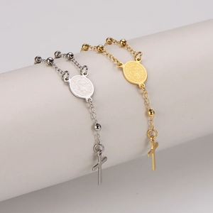Bracelets à perles en acier inoxydable 304 avec croix religieuse et médaillons gravés