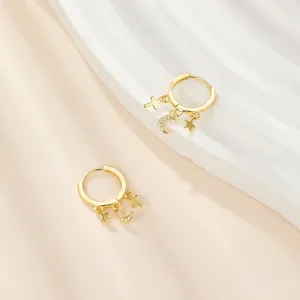 S925 sterling silver gold-plated hoop earrings with star moon and cross charms