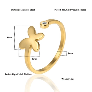 Detail of 18K gold plated stainless steel open ring with 6mm floral motif and zircon