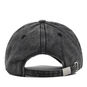 Close-up of the adjustable buckle strap on back of charcoal washed cotton baseball cap