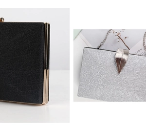 Detail of leaf buckle and texture on black and silver evening clutch bags