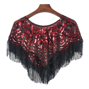 Châle en mesh à paillettes avec broderie florale rouge et finitions à franges noires
