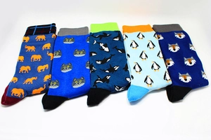 Detail of five crew socks with cartoon animal patterns including elephants and cats